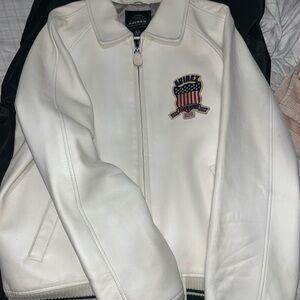 Avirex Ivory Leather Jacket with Embroidered Patch